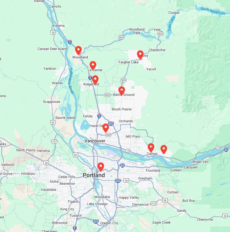 Urgent Towing service area map showing Clark County, Woodland, and Portland coverage